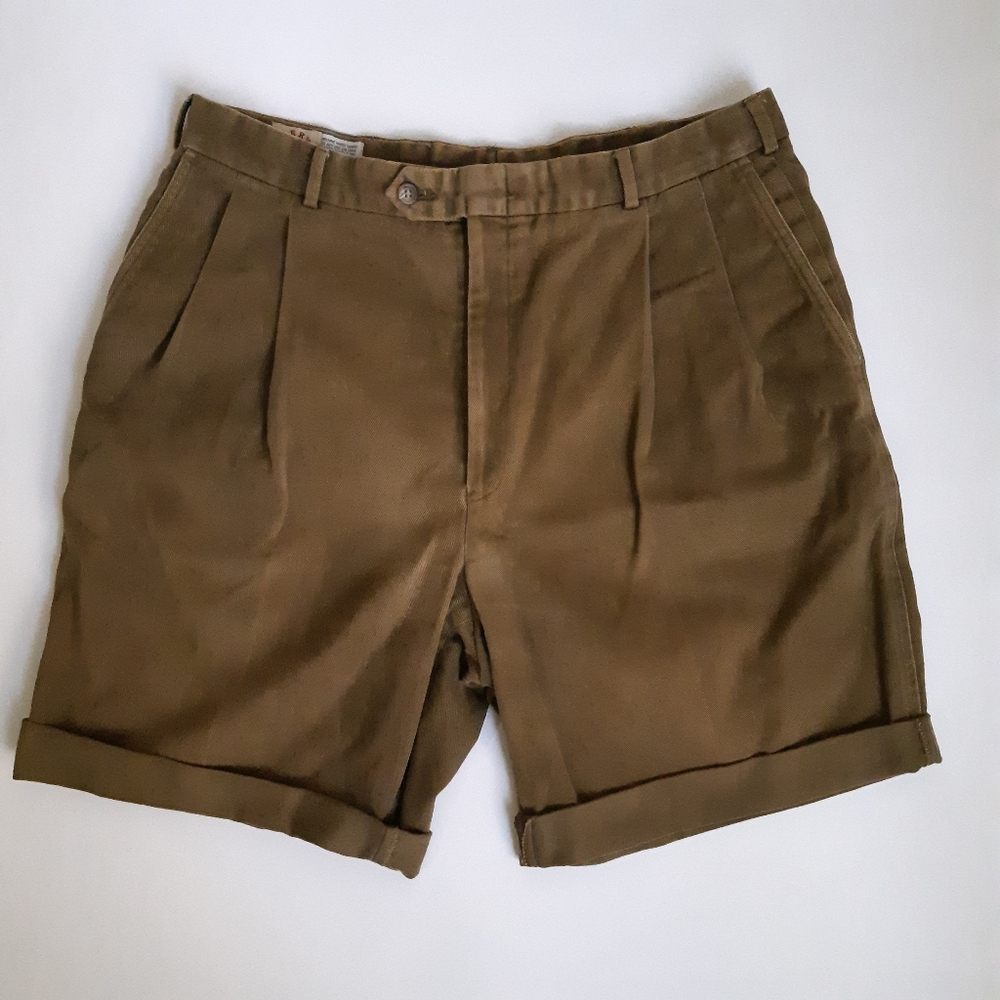 Vintage, made in USA, pleated front, high rise, cutoff khaki shorts - size 36